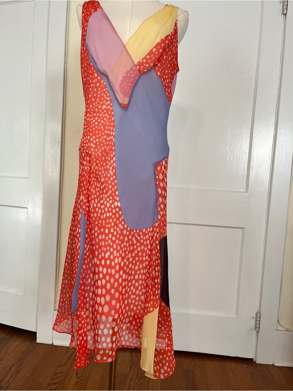 Diane von Furstenberg Silk Patchwork Dress Size 10 – Sheer Polka Dot Asymmetrica